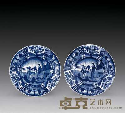 清康熙 青花仕女图花口盘（一对） 直径23.5cm